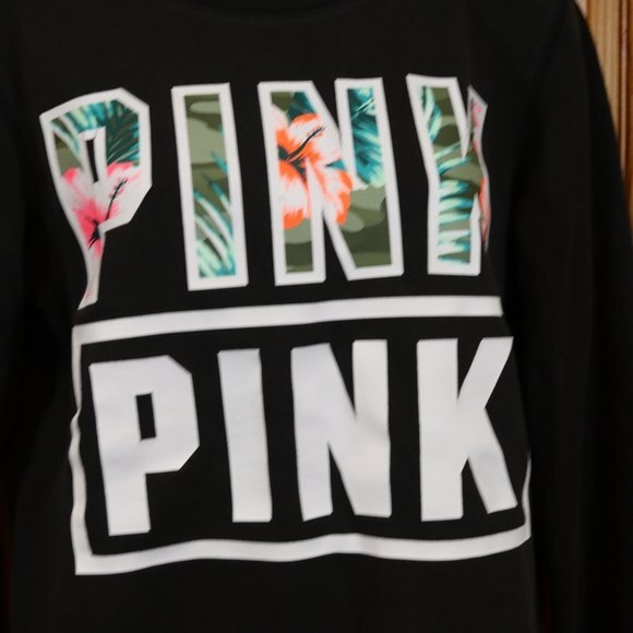 PINK Victoria's Secret Spellout Logo Pullover Sweatshirt Tropical Print Black SM - Picture 3 of 6